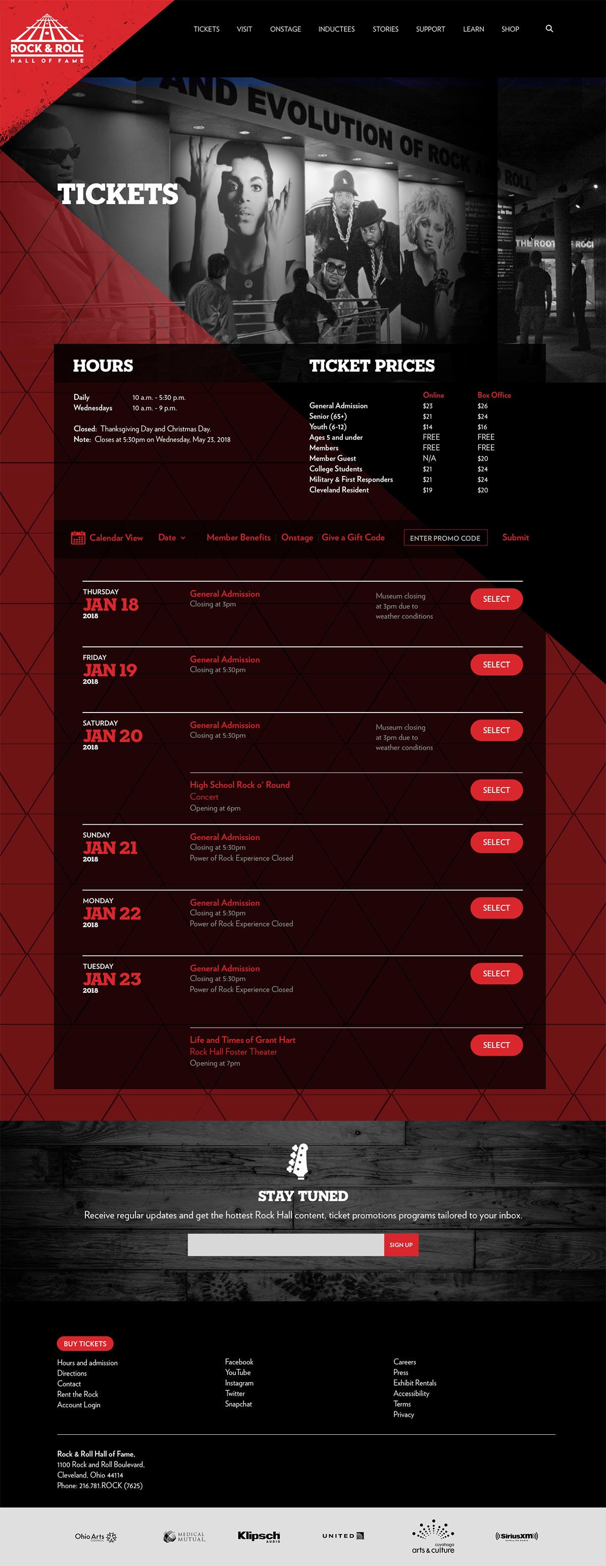 Ticketing page on the Rock and Roll Hall of Fame website.