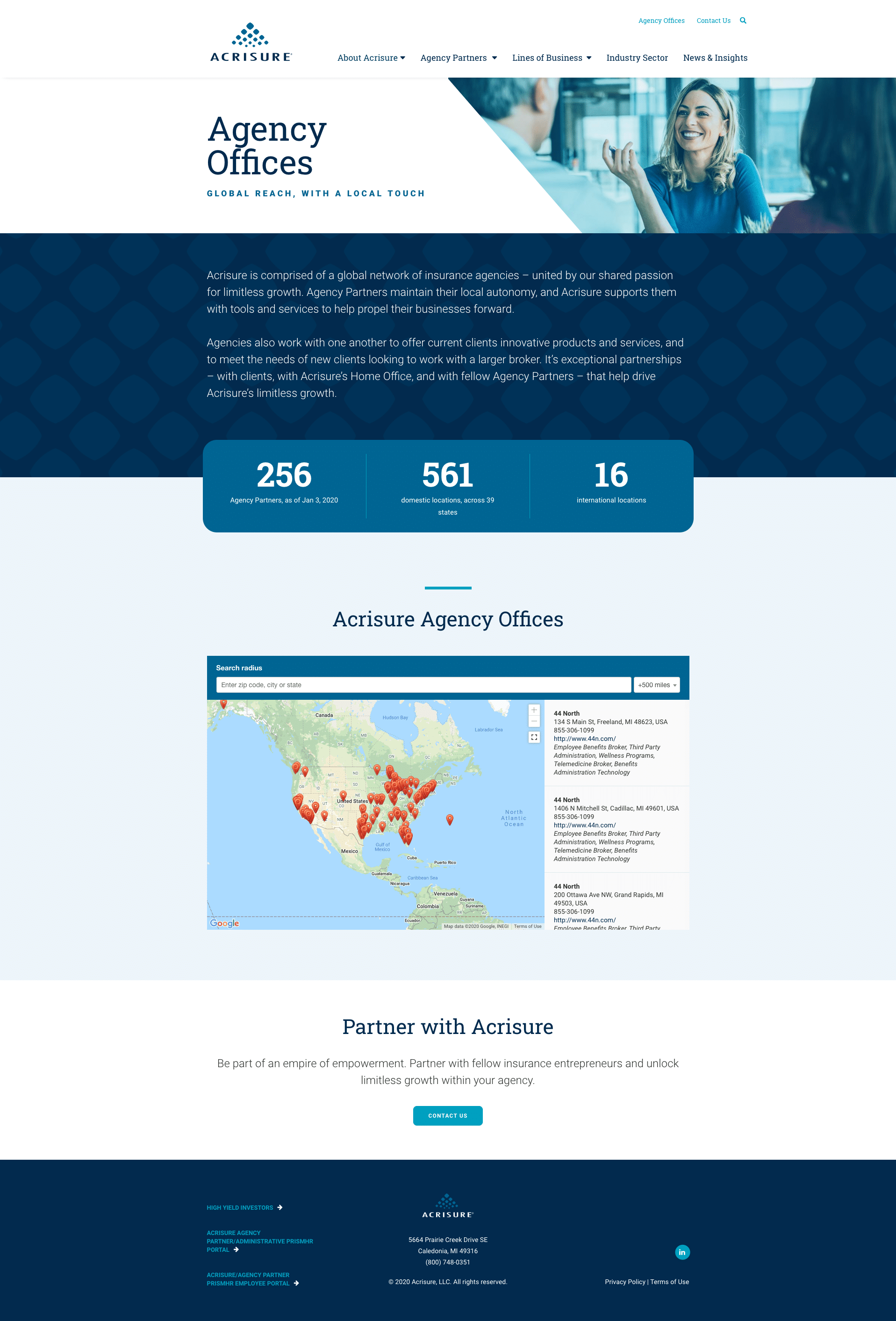 Screenshot of Acrisure website, showing the agency offices landing page, with a searchable map.
